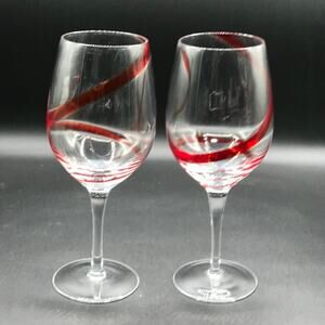 Vintage Pier One Set of 2 Red Swirl Wine Glasses  9" Tall x 3.5" Diameter